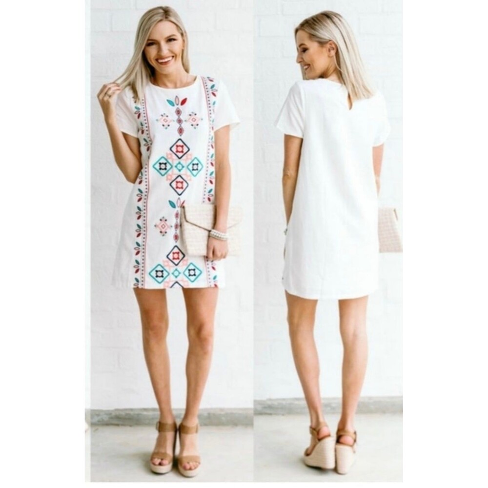 Hayden Los Angeles Embroidered Boho Shift Dress Geometric Folk Mini Tunic M
